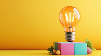 Poster - Creative idea featu a large illuminated light bulb sitting on colorful gift boxes with green leaves on bright yellow background