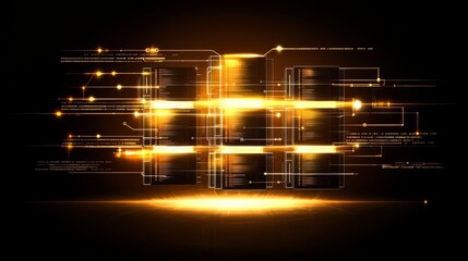 Poster - Computer screen with a yellow background and a grid of black squares. The squares are connected to each other and to a central point. Concept of technology and complexity