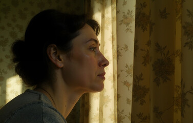 Poster - Woman in Profile beside Floral Curtain