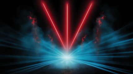 Poster - Dark room with red and blue lights and smoke. The lights are arranged in a V shape
