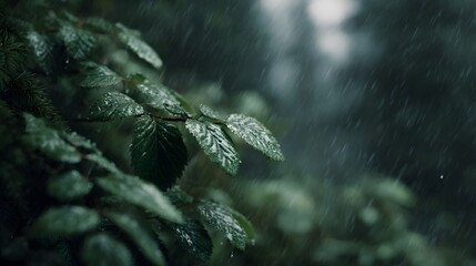 Poster - Wet leaves and raindrops falling in a lush forest
