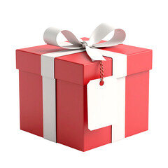 Poster - Pastel Red Gift Box with White Ribbon and Blank Tag on Transparent Background