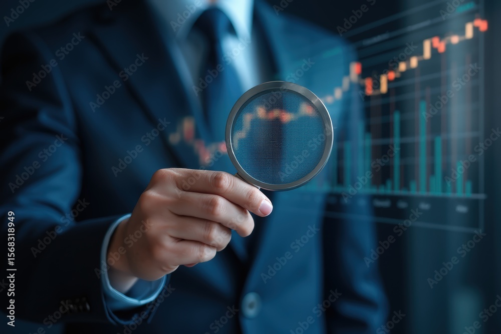 businessman holding magnifying glass looking at virtual data chart ...
