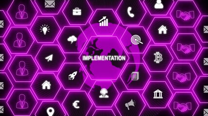 IMPLEMENTATION, web technology concept. Business, Technology, Internet and network concept. glowing connections in different places on the map