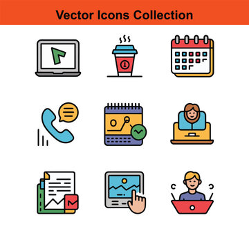 Vector art of a set of colorful business and communication icons are shown on white