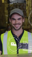 Poster - Animation of icons with data processing over caucasian male worker in warehouse