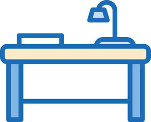 Poster - Minimalist flat icon design of a desk with a computer and office supplies
