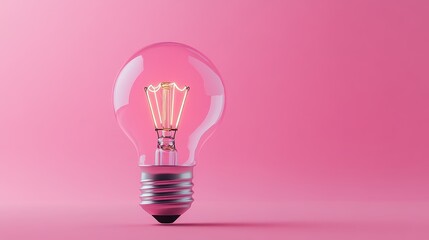 Poster - Bright pink incandescent light bulb on a pink background with reflective surface and soft lighting