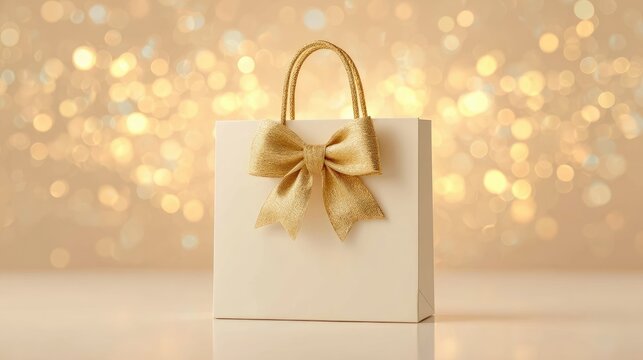 A simple, cream-colored shopping bag with a gold ribbon bow, set against a bokeh background of golden lights