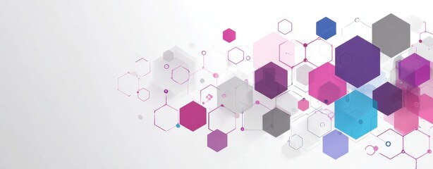 Poster - background with hexagons and connected dots for technology, science, or business concept design vector illustration Gray, pink, blue, and purple colors, with white space at the top left Generative AI