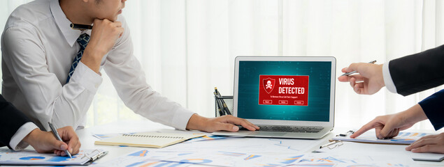 Poster - Virus warning alert on computer screen detected brisk cyber threat , hacker, computer virus and malware