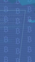 Poster - Animation of financial data processing over bitcoin symbols on blue background