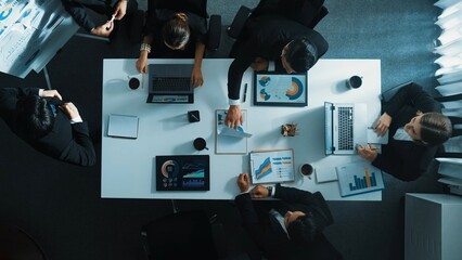 Poster - Top down aerial view of smart boss invites project manager to explain about marketing plan at white board. Group of diverse investor listen presentation while working and analyze chart. Directorate.
