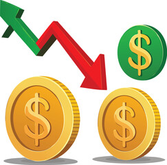 Poster - price or rate increase and decrease icon, 3d set of cost symbol dollar, money, coin sign with arrow up and down. transparent vector.arrow, clip art, currency, down, economy, finance, graph, graphic, 
