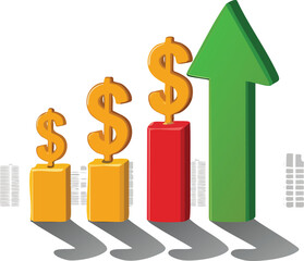 Poster - price or rate increase and decrease icon, 3d set of cost symbol dollar, money, coin sign with arrow up and down. transparent vector.arrow, clip art, currency, down, economy, finance, graph, graphic, 