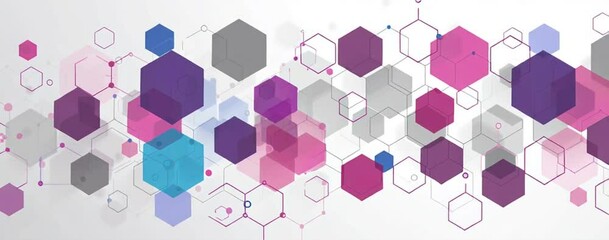 Poster - background with hexagons and connected dots for technology, science, or business concept design vector illustration Gray, pink, blue, and purple colors, with white space at the top left Generative AI