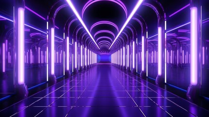 Poster - Long, narrow room with purple lights. The room is empty and has a futuristic feel. The lights are arranged in a way that creates a sense of depth and movement