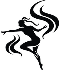 Aufkleber - Black Silhouette Woman Leaping Abstract Swirling Hair Design white