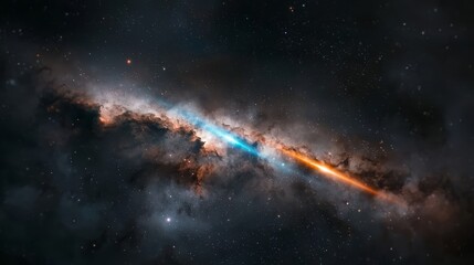 Wall Mural - Long, thin line of stars with a bright orange and blue streak. The stars are scattered throughout the image, with some closer together and others further apart. Scene is one of wonder and awe