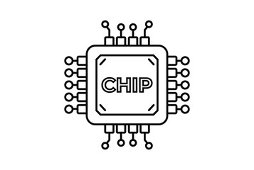 Poster - Black line art illustration of a computer chip with pins isolated on white background