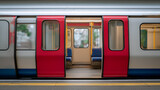 Side view of empty Subway train with open doors, station platform ready for passengers