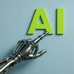 Poster - A futuristic metallic hand points towards bright green 