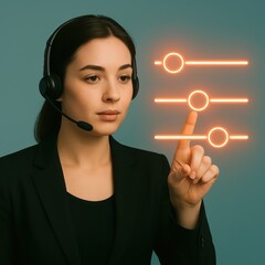 Poster - A focused businesswoman controls a virtual interface with glowing sliders, highlighting the nexus of modern customer service and technological innovation.