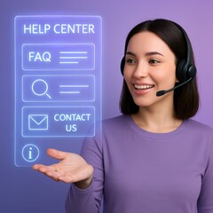 Poster - An approachable customer support specialist extends a virtual interface of a help center, projecting a warm and friendly persona. Focus on efficiency, instant communication, and service.