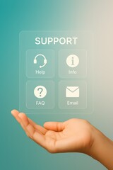 Poster - An image of a hand delicately presenting a digital interface, the design is clean and minimalist, with focus on four support icons. The aesthetic is modern. 