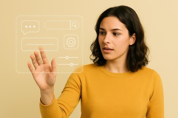Poster - A woman interacts with a futuristic digital interface, she focuses in a modern, technology-driven scene, symbolizing innovation and forward-thinking concepts.
