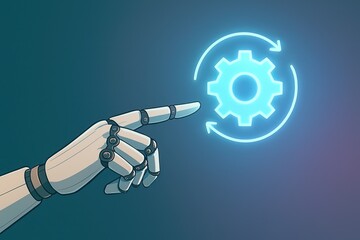 Poster - Robotic hand pointing at a glowing gear icon, symbolizing automation, technology, and innovation.
