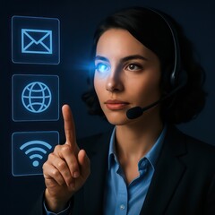 Poster - A visionary customer service representative, embodying the future of communication through innovative interface, she navigates the digital world with a headset.