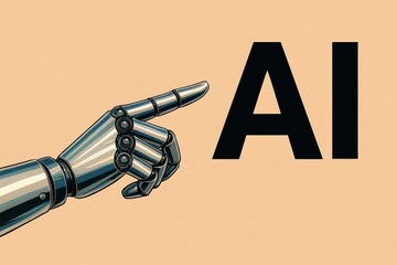 Poster - A metallic robotic hand points at the abbreviation AI, symbolizing the dawn of Artificial Intelligence.
