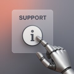 Poster - Robotic hand presses support button with information icon. Futuristic technology assistance concept.