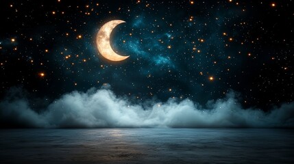Wall Mural - moon is shining brightly in the sky above a body of water. the water is calm and the sky is dark. th