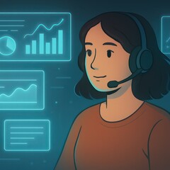 Poster - A customer service representative, exuding professionalism, sits at her desk in front of virtual screens, expertly managing her headset. The graphical user interface provides data.