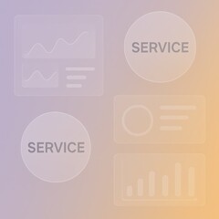 Poster - Minimalist digital graphic showcases a collection of modern data visualizations with the word service placed on top. The designs use a frosted glass effect against a soft gradient.