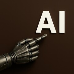 Poster - A close-up shot captures a metallic robotic hand pointing towards the letters 