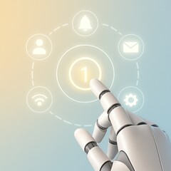 Poster - An artistic composition of a robotic hand interacting with digital icons on a screen, symbolizing a concept of technological interaction. The scene is awash in soft hues.