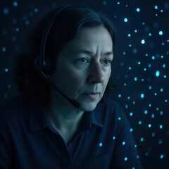 Poster - A concentrated female telecommunications expert, illuminated by the glow of digital data, intensely focused on providing customer support within a shadowy digital environment. 