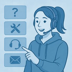 Poster - An engaging illustration of customer service. A young woman, headset-clad, points to a series of service icons, offering support and guidance in a clean, modern style.