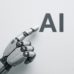 Poster - A robotic hand points to the letters AI, signifying artificial intelligence and its impact on modern technology.