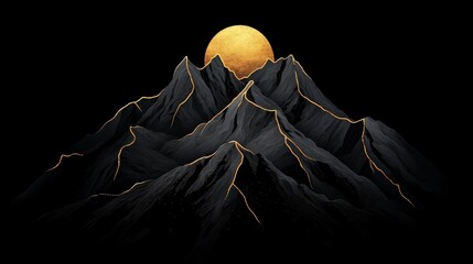 Poster - Mountain range with a large yellow sun in the sky. The sun is positioned above the mountains, creating a sense of awe and wonder. The image evokes a feeling of tranquility and serenity