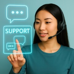 Poster - A helpful woman, radiating professionalism, provides customer support. The image depicts a supportive interaction, emphasizing guidance and assistance in a high-tech setting.