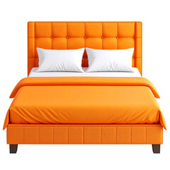 Poster - Vibrant Orange Bed 3D Render Icon Featuring Soft Pillows and Blanket on Transparent Background