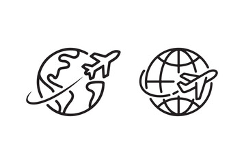 Two simple line art icons depicting airplanes flying around the globe isolated on white background