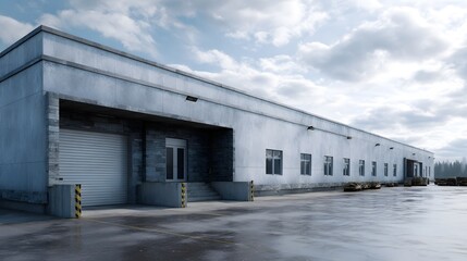 Poster - Overcast industrial warehouse exterior with loading docks