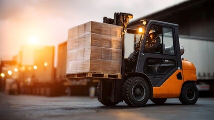 Poster - Forklift operator loading truck with pallets in outdoor warehouse