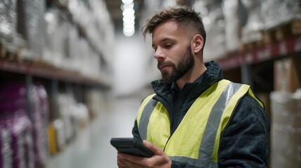 Poster - Worker using barcode scanner in warehouse aisle