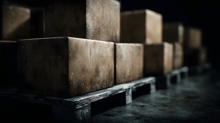 Poster - Neatly stacked wooden boxes on pallets in a dark industrial setting